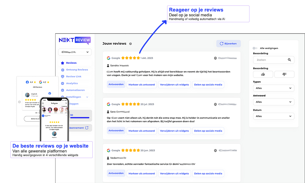 Reviewdashboard waarin ontvangen reviews worden beheerd